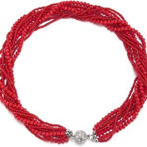 Red Multi-Layer Beads Crystal Braided Chain Choker Necklace with Magnetic Clasp
